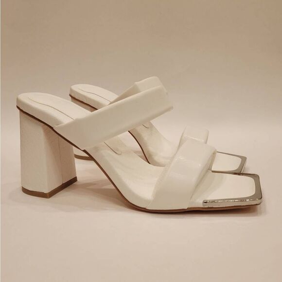 Womens Square Open Toe Mule Sandal with Chunky Block Heel White Sz 8.5 - Picture 5 of 6